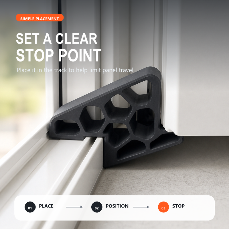 Secure Track Door Stop – Absorbs impact, reduces slamming & protects rails.  (offer)