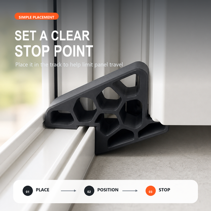 Secure Track Door Stop – Absorbs impact, reduces slamming & protects rails.  (offer)