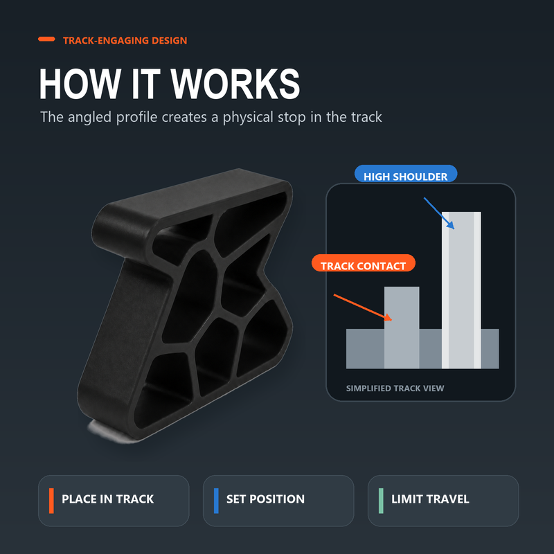 Secure Track Door Stop – Absorbs impact, reduces slamming & protects rails.  (offer)