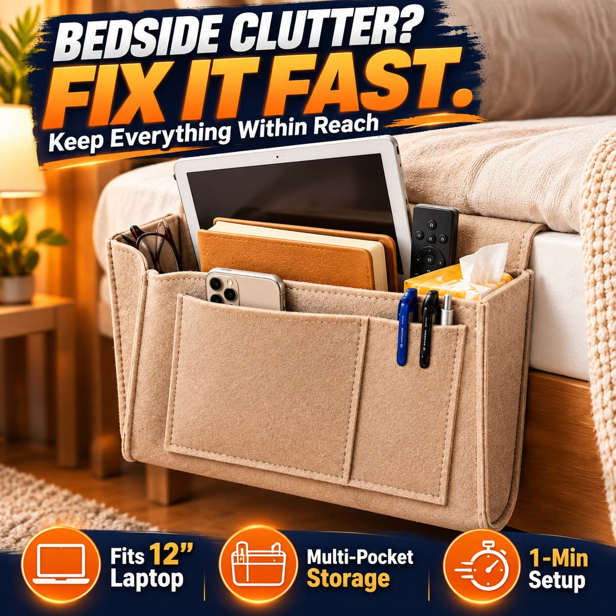 Bedside Hanging Storage Bag‑Multi‑Pocket Bed Caddy Organizer, (offer)