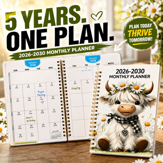 🐮 2026–2030 Monthly Planner ✨ Cute Highland Cow 5-Year Calendar | Large Monthly Blocks for Long-Term Planning