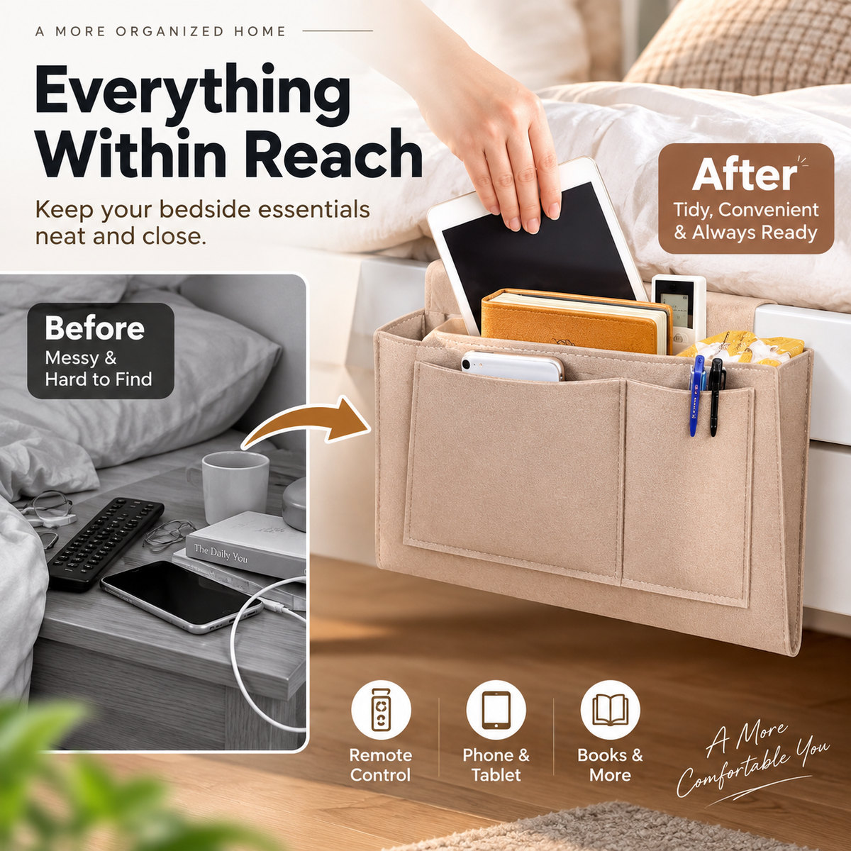 Bedside Hanging Storage Bag‑Multi‑Pocket Bed Caddy Organizer, (offer)